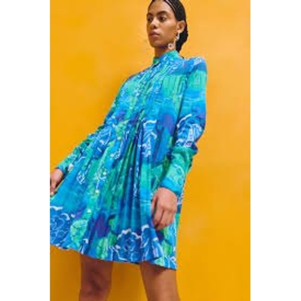 De Loreta Cenote‎ Blue Green Abstract Floral Pleated Cotton Mini Dress